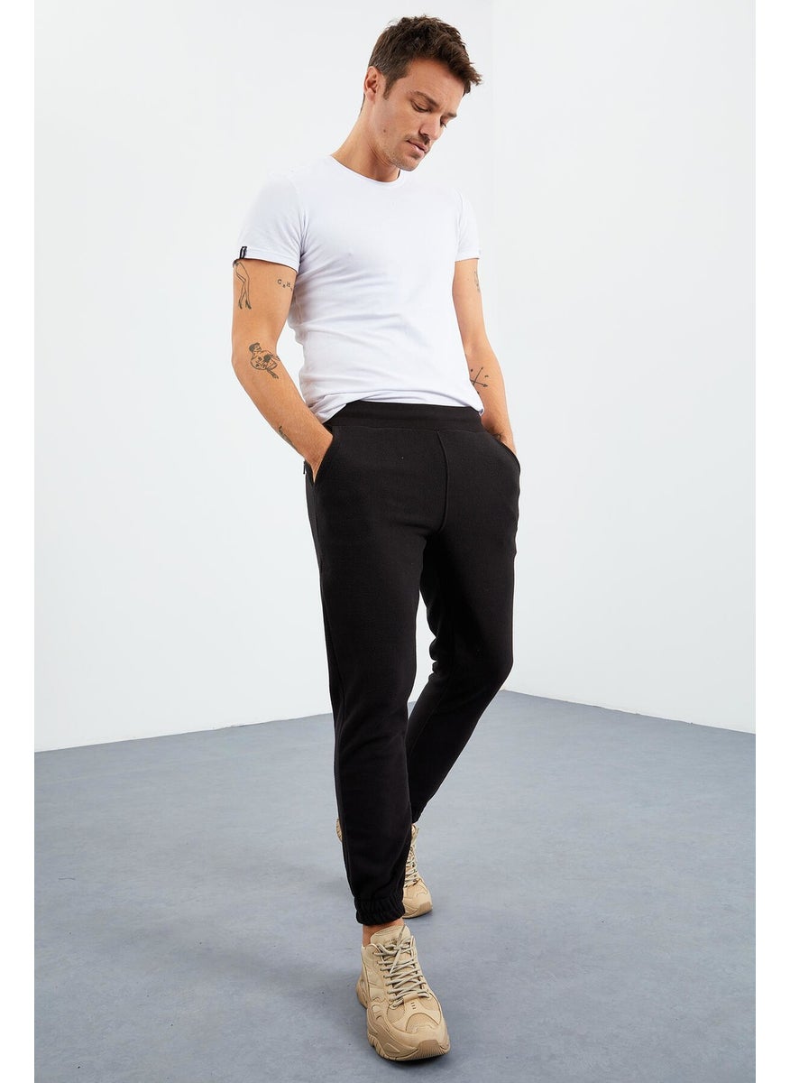 Black Men's Hidden Zipper Comfortable Form Elastic Leg Fleece Tracksuit Bottom - 84866