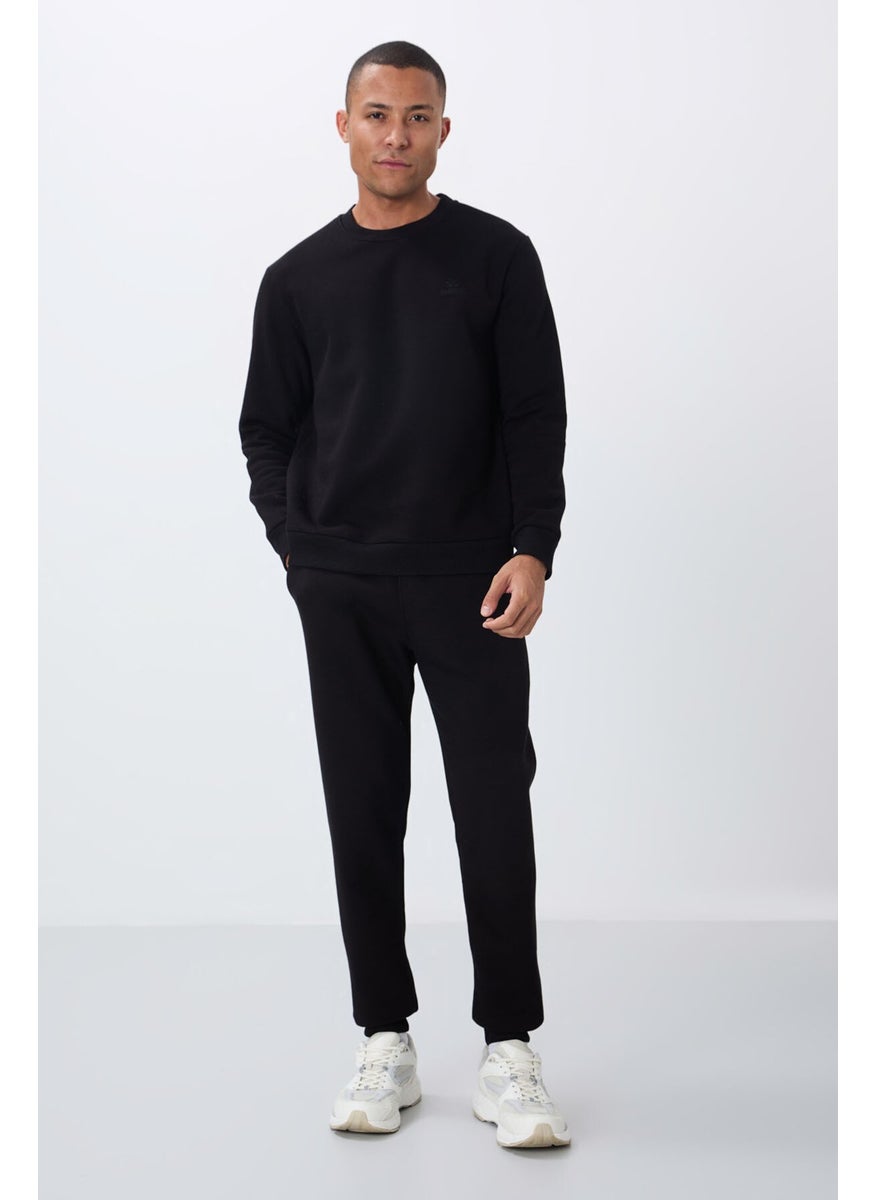 Black Cotton Thick Fluffy Soft Texture Comfort Fit Embroidered Men's Tracksuit -85265