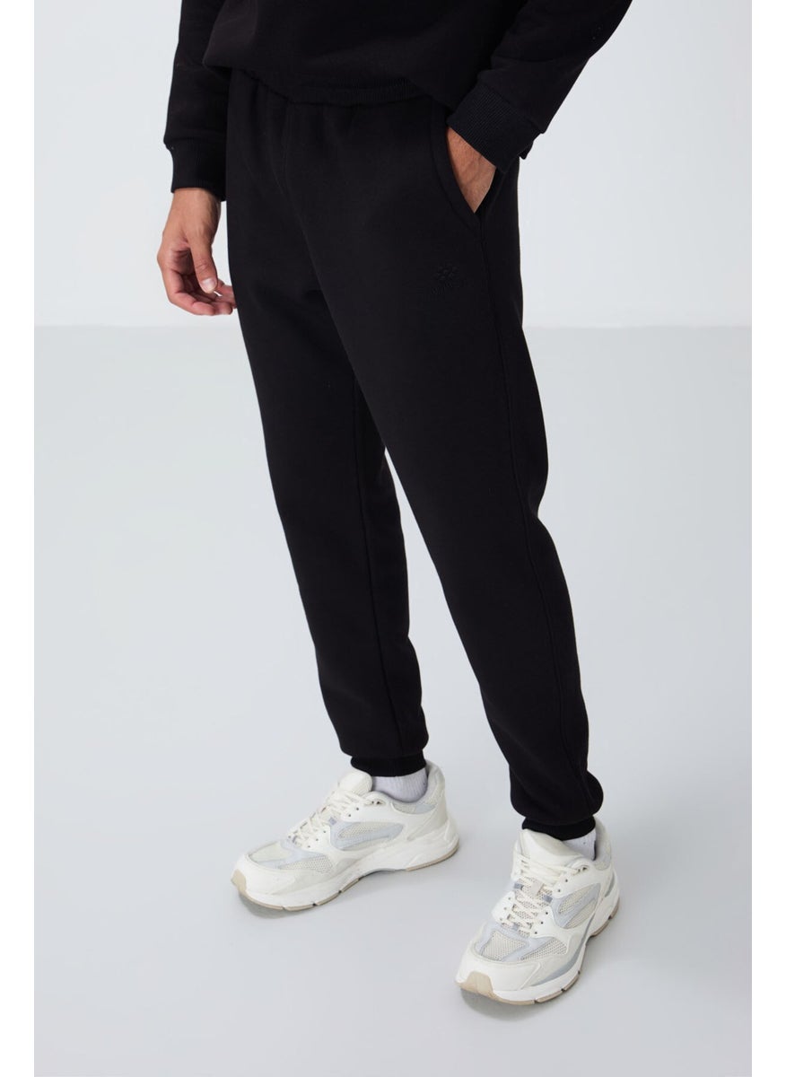 Black Cotton Thick Fluffy Soft Texture Comfort Fit Embroidered Men's Tracksuit -85265
