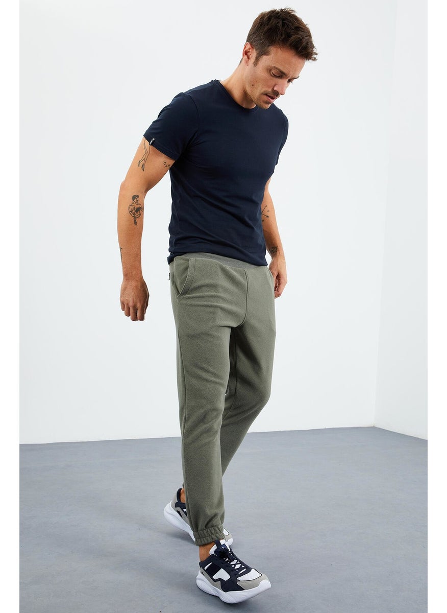 Light Green Men's Hidden Zipper Comfortable Form Elastic Leg Fleece Tracksuit Bottom - 84866