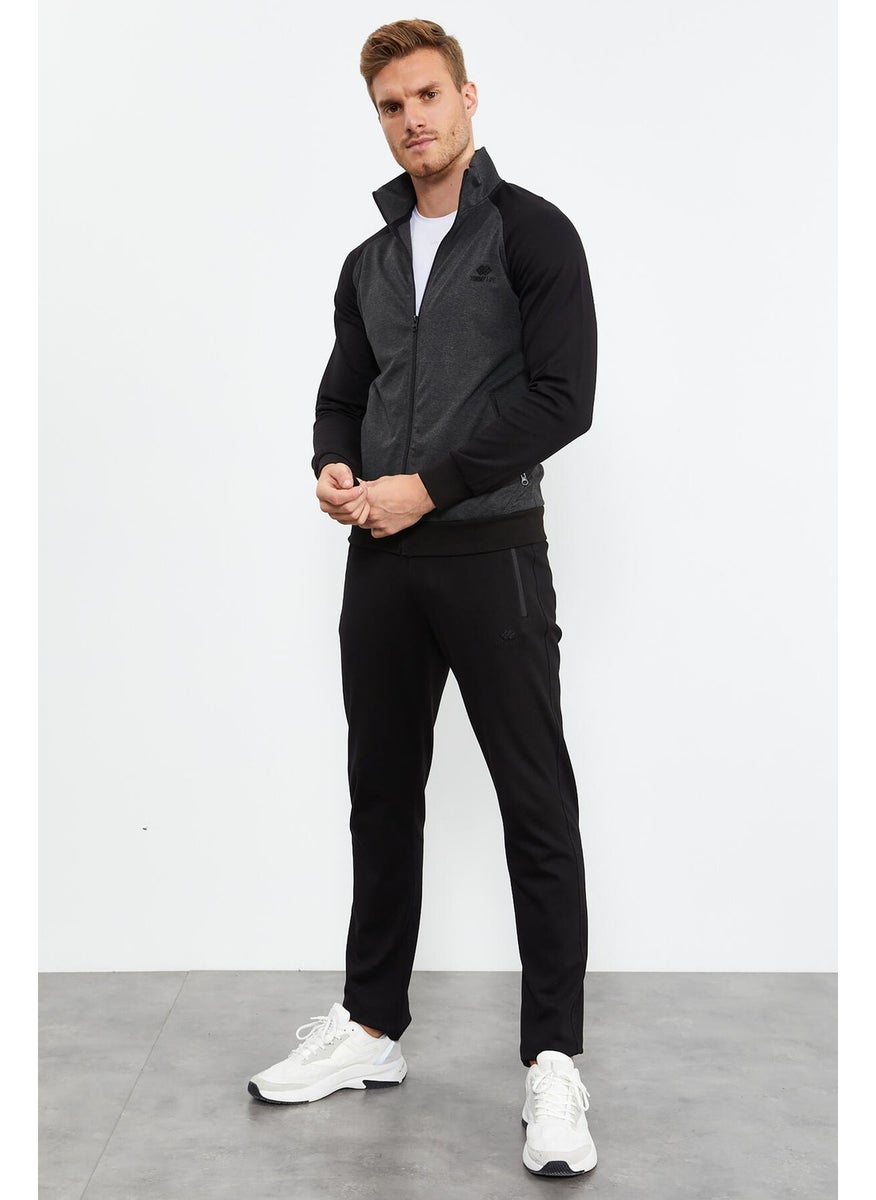 Black-Black Men's Stand Collar Double Color Slim Fit Classic Leg Tracksuit-85113