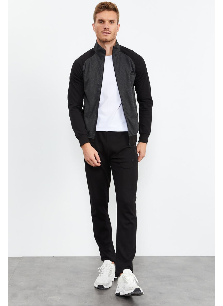 Black-Black Men's Stand Collar Double Color Slim Fit Classic Leg Tracksuit-85113