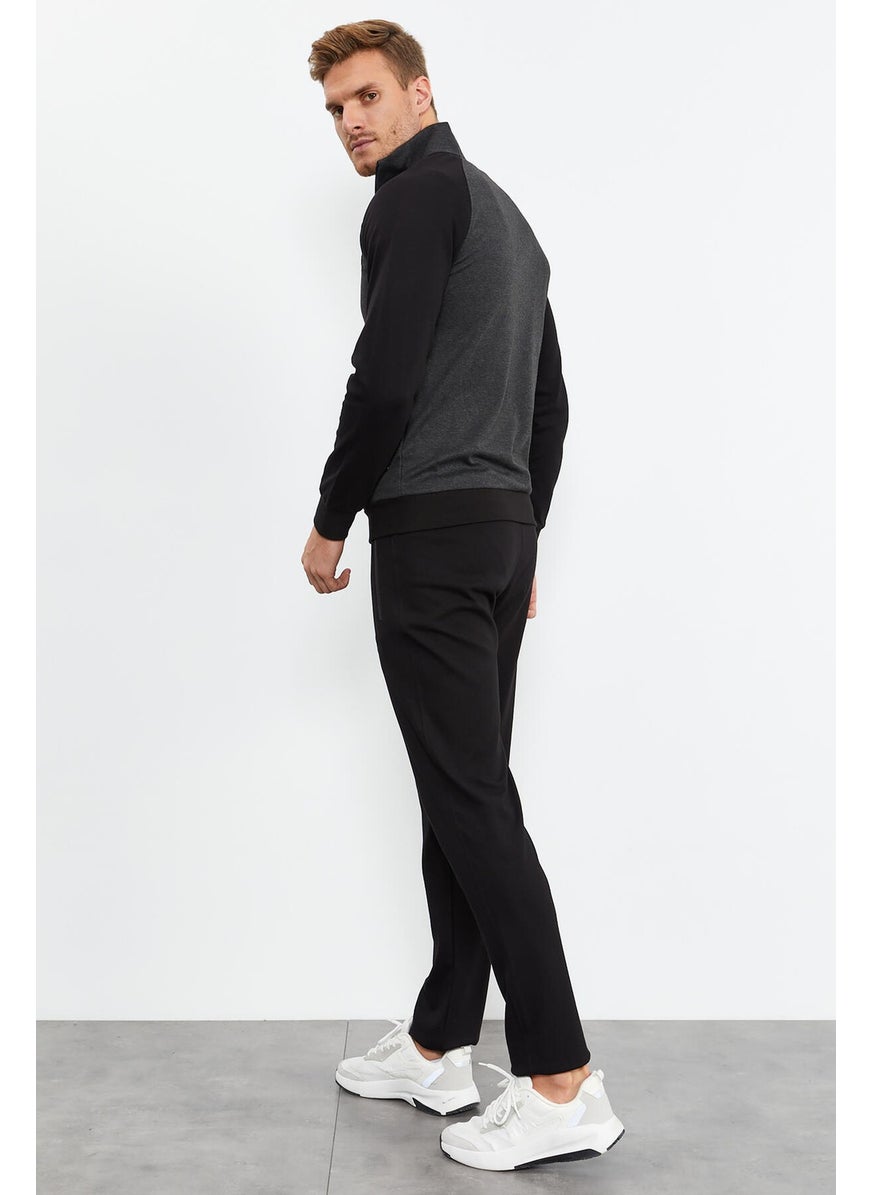Black-Black Men's Stand Collar Double Color Slim Fit Classic Leg Tracksuit-85113
