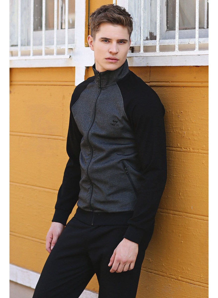 Black-Black Men's Stand Collar Double Color Slim Fit Classic Leg Tracksuit-85113