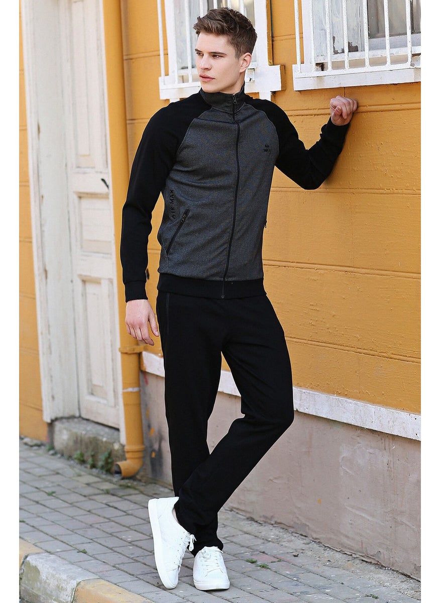 Black-Black Men's Stand Collar Double Color Slim Fit Classic Leg Tracksuit-85113