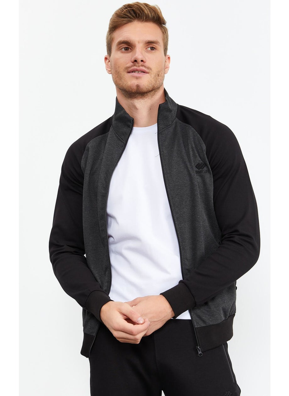 Black-Black Men's Stand Collar Double Color Slim Fit Classic Leg Tracksuit-85113
