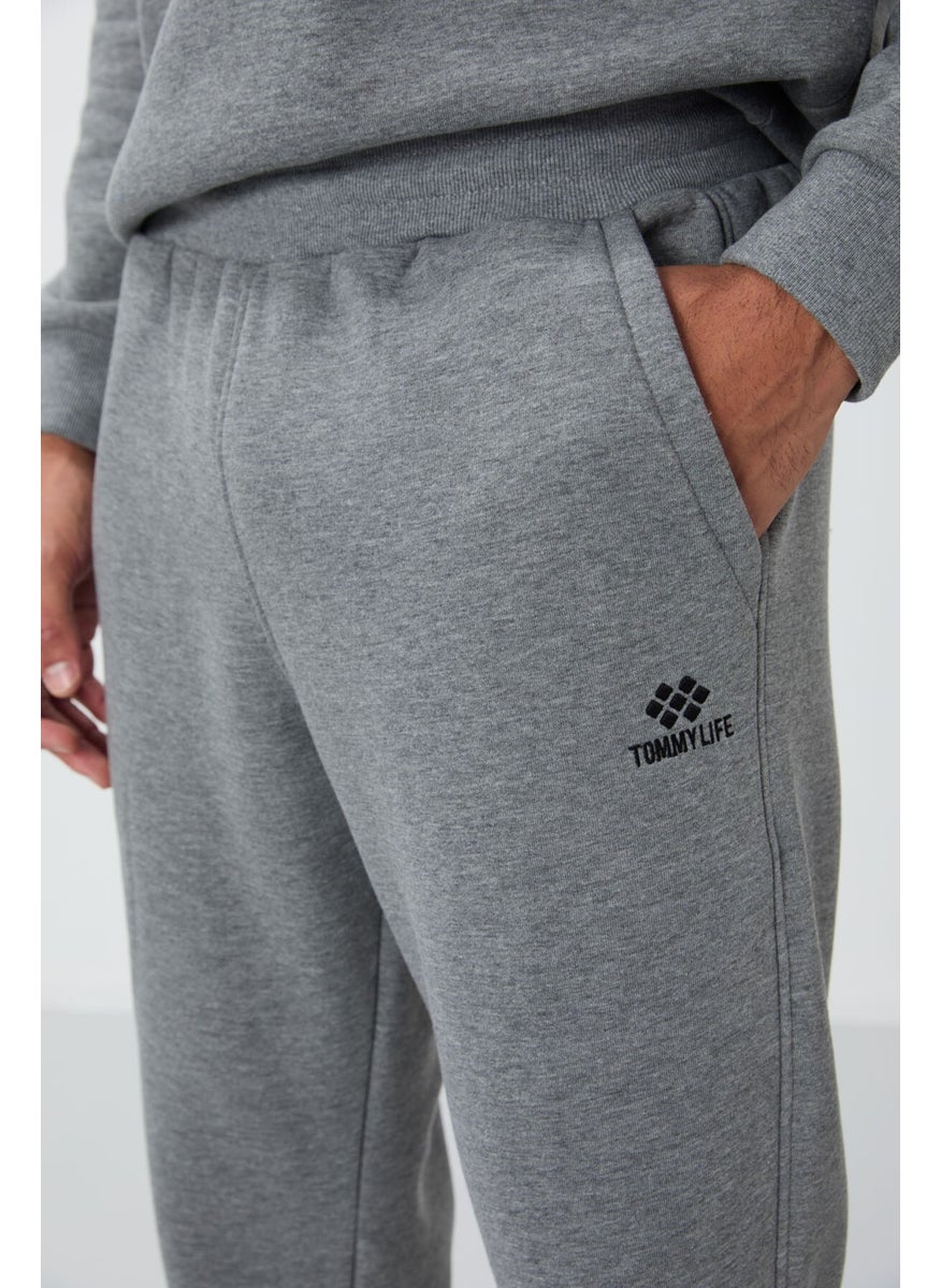 Gray Melange Cotton Thick Fluffy Soft Texture Comfort Fit Embroidered Men's Tracksuit -85265