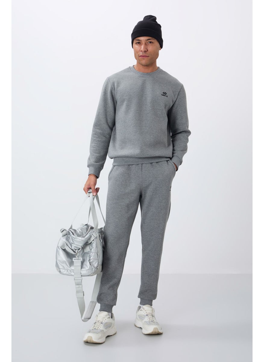 Gray Melange Cotton Thick Fluffy Soft Texture Comfort Fit Embroidered Men's Tracksuit -85265