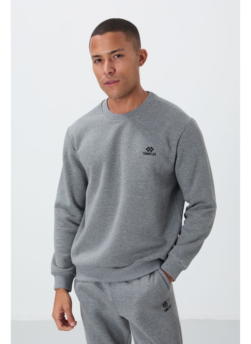 Gray Melange Cotton Thick Fluffy Soft Texture Comfort Fit Embroidered Men's Tracksuit -85265