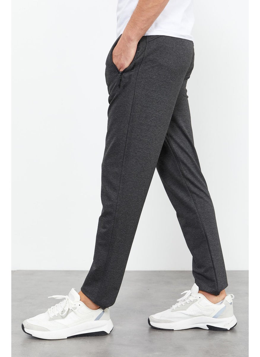 Anthracite Melange Men's Zipper Pocket Text Detailed Standard Pattern Classic Leg Tracksuit Bottom-84744