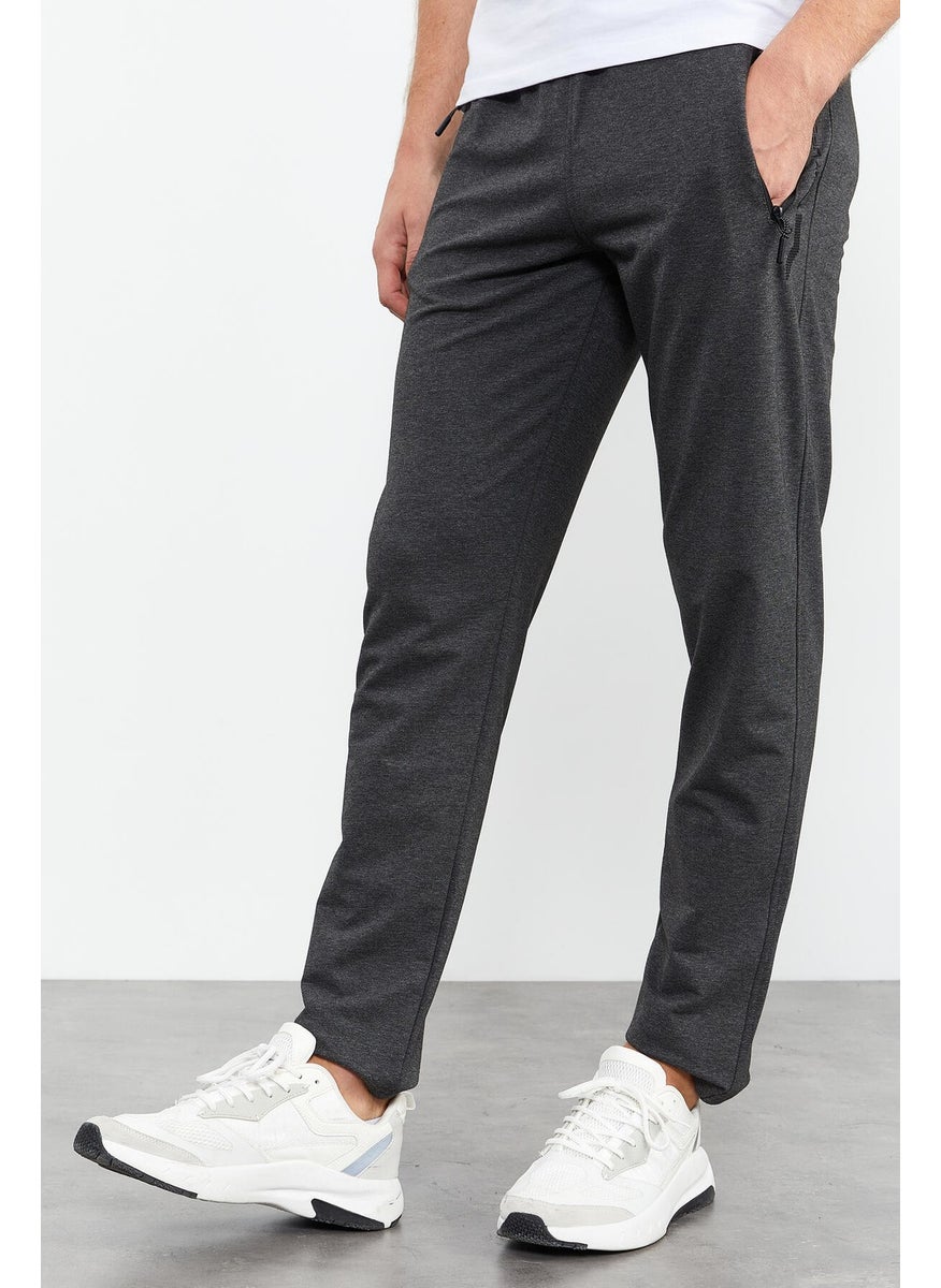 Anthracite Melange Men's Zipper Pocket Text Detailed Standard Pattern Classic Leg Tracksuit Bottom-84744