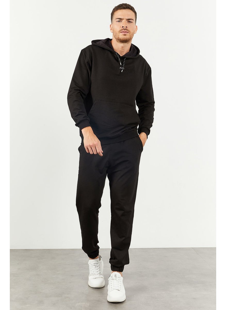 Black Men's Hooded Kangaroo Pocket Oversize Elastic Leg Tracksuit - 85117
