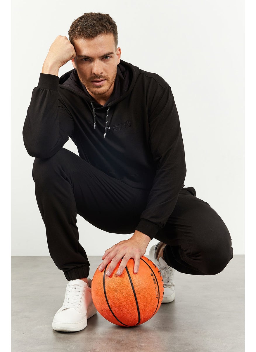 Black Men's Hooded Kangaroo Pocket Oversize Elastic Leg Tracksuit - 85117