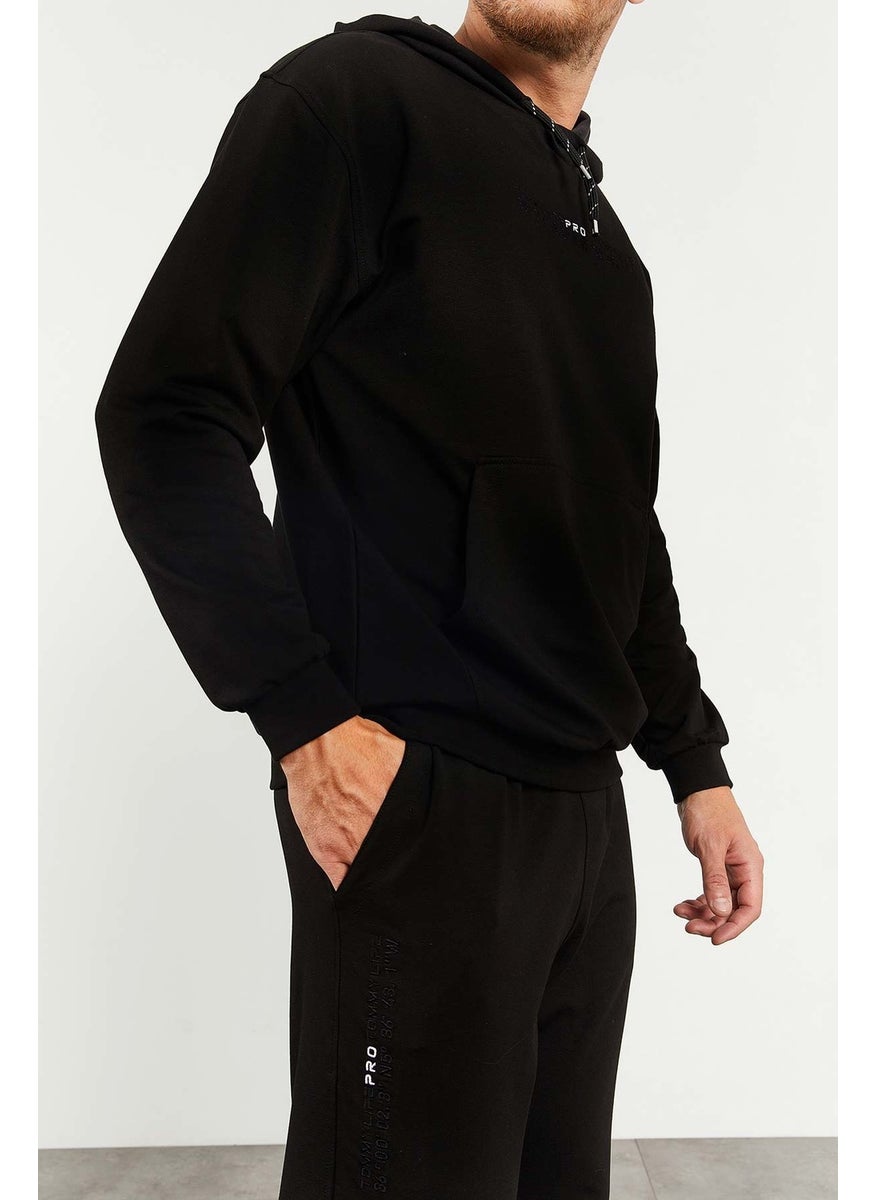 Black Men's Hooded Kangaroo Pocket Oversize Elastic Leg Tracksuit - 85117