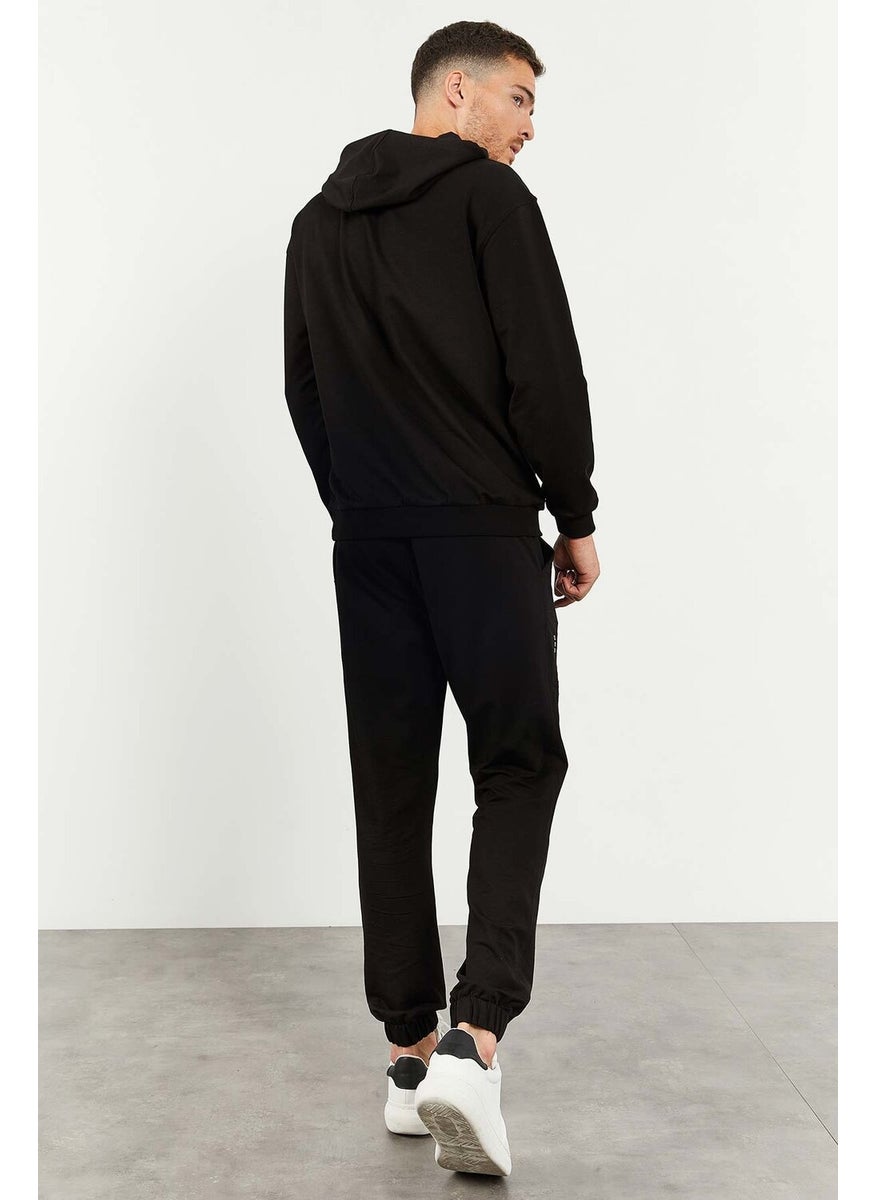 Black Men's Hooded Kangaroo Pocket Oversize Elastic Leg Tracksuit - 85117