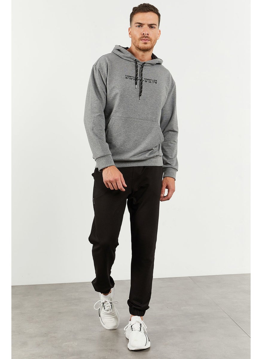 Gray Melange-Black Men's Hooded Kangaroo Pocket Oversize Elastic Leg Tracksuit - 85117
