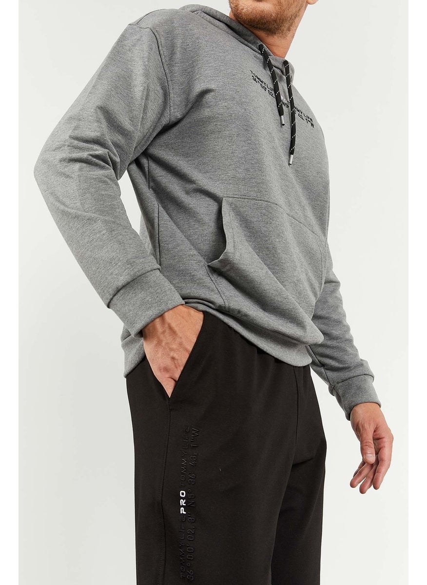 Gray Melange-Black Men's Hooded Kangaroo Pocket Oversize Elastic Leg Tracksuit - 85117