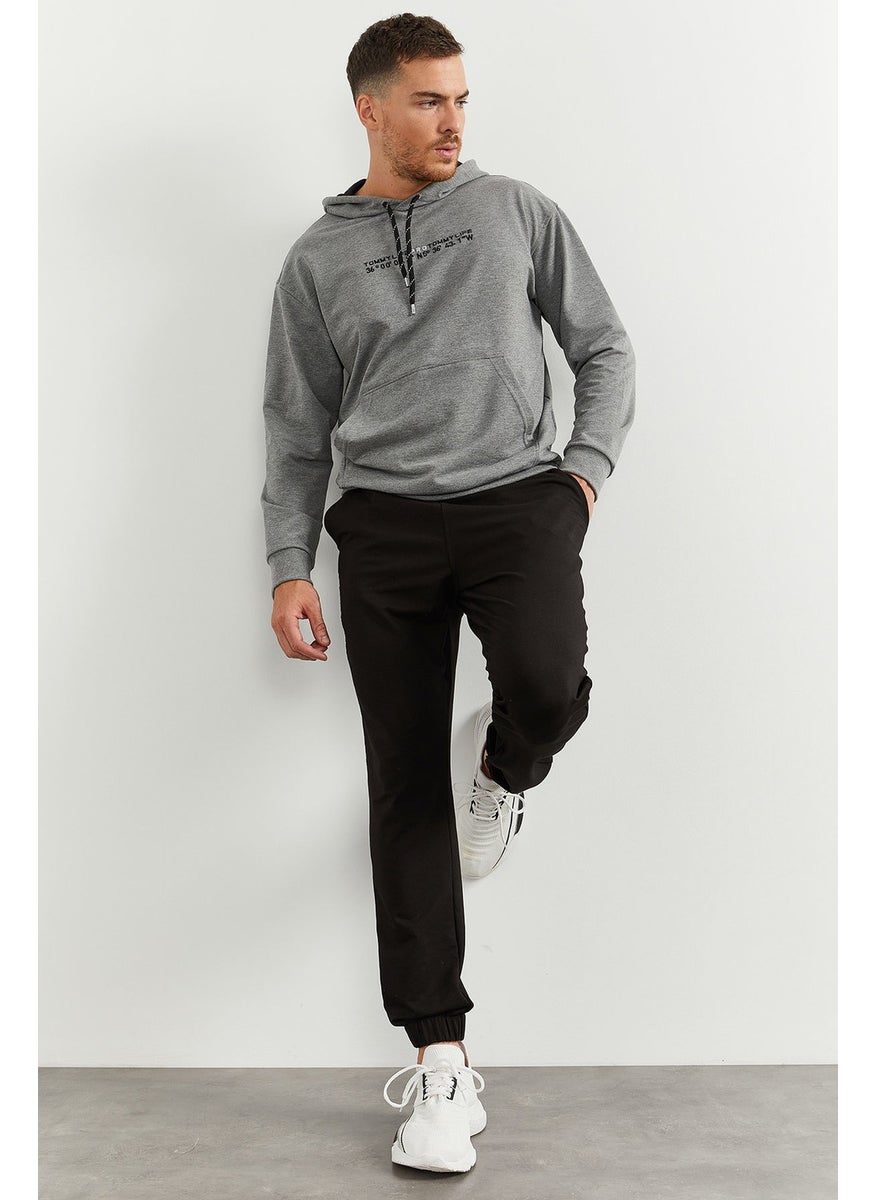Gray Melange-Black Men's Hooded Kangaroo Pocket Oversize Elastic Leg Tracksuit - 85117