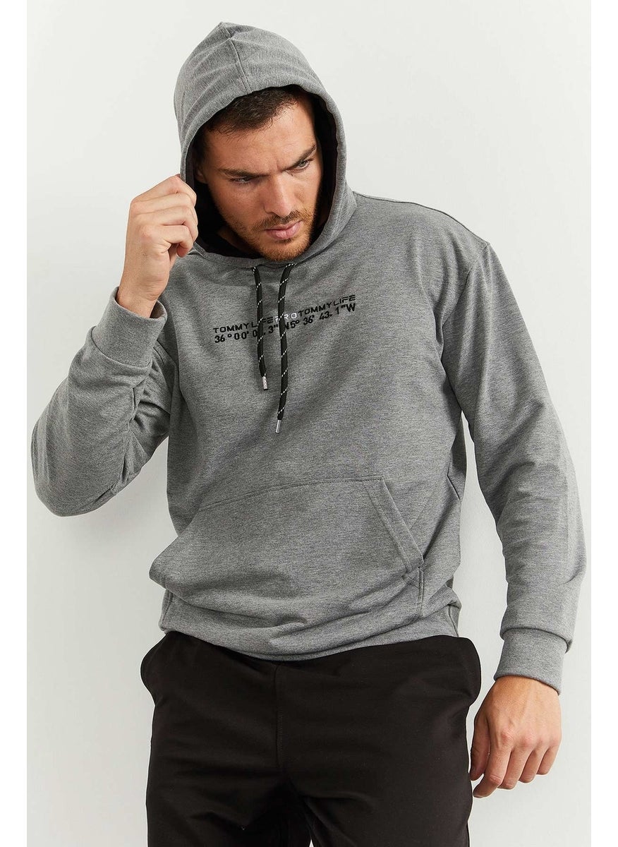 Gray Melange-Black Men's Hooded Kangaroo Pocket Oversize Elastic Leg Tracksuit - 85117