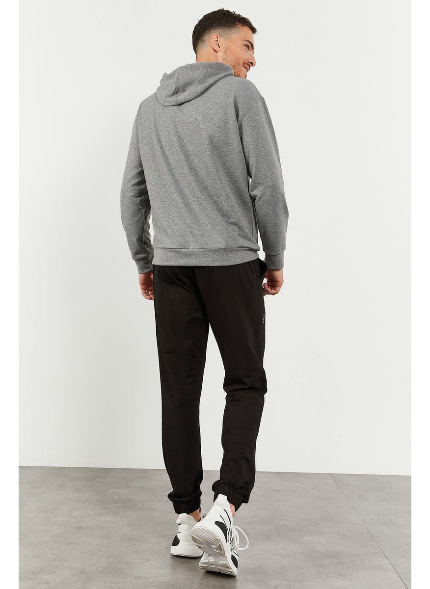 Gray Melange-Black Men's Hooded Kangaroo Pocket Oversize Elastic Leg Tracksuit - 85117
