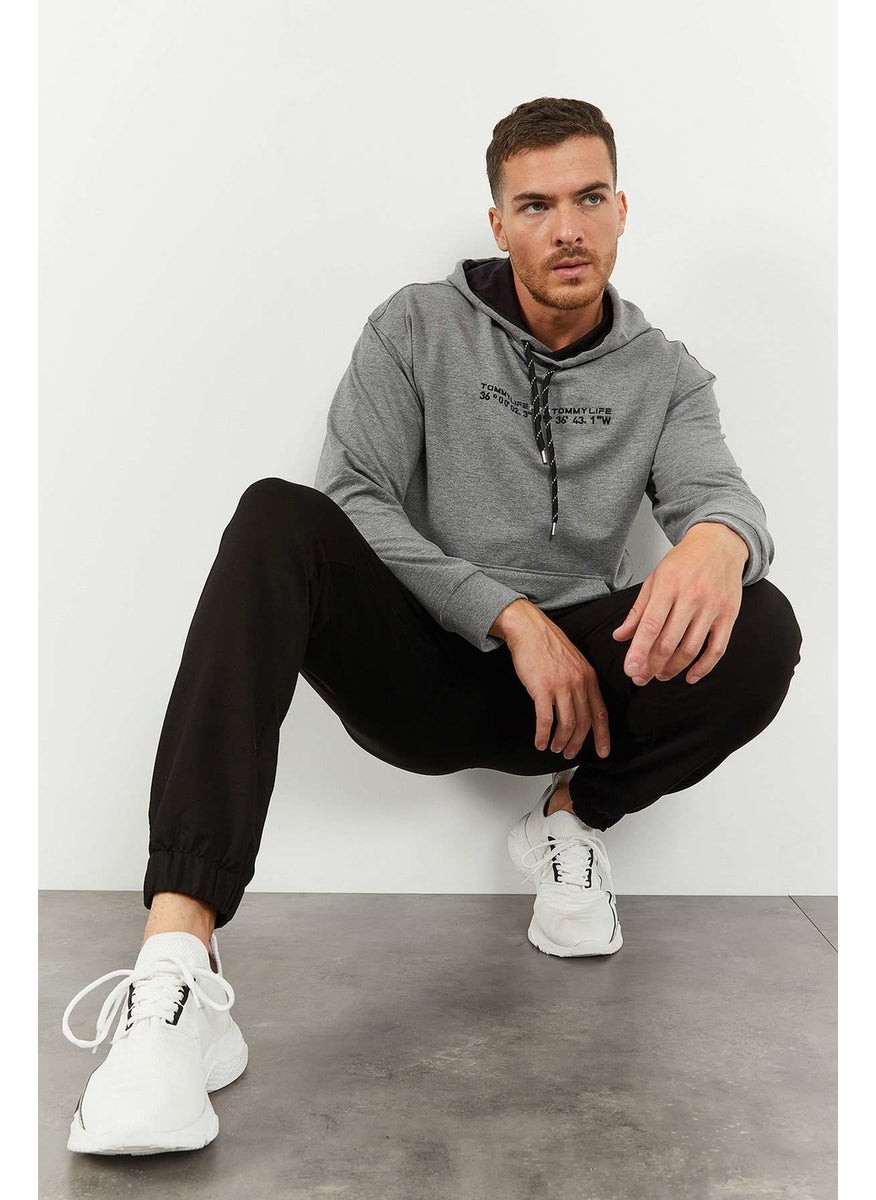 Gray Melange-Black Men's Hooded Kangaroo Pocket Oversize Elastic Leg Tracksuit - 85117