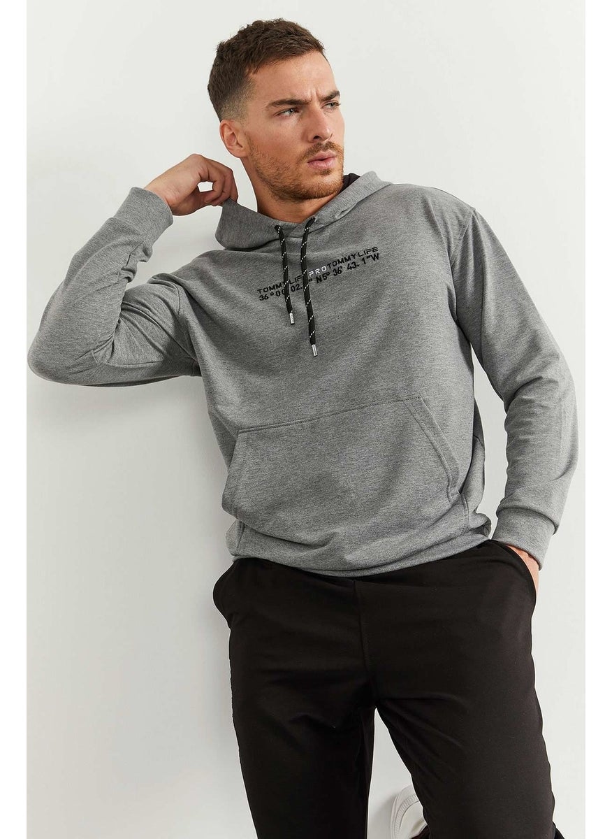 Gray Melange-Black Men's Hooded Kangaroo Pocket Oversize Elastic Leg Tracksuit - 85117