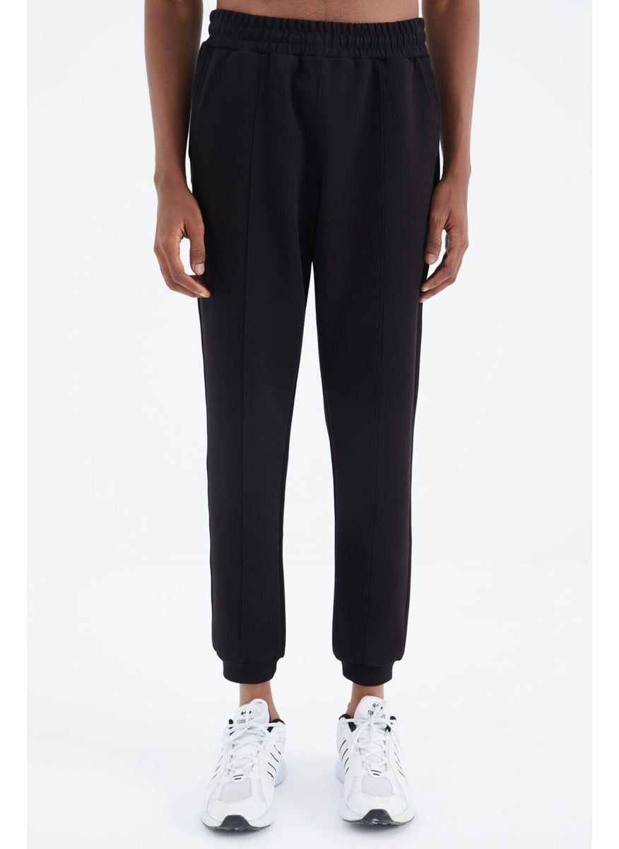 Black Laced Front Stitch Detailed Standard Pattern Men's Tracksuit Bottom - 84994