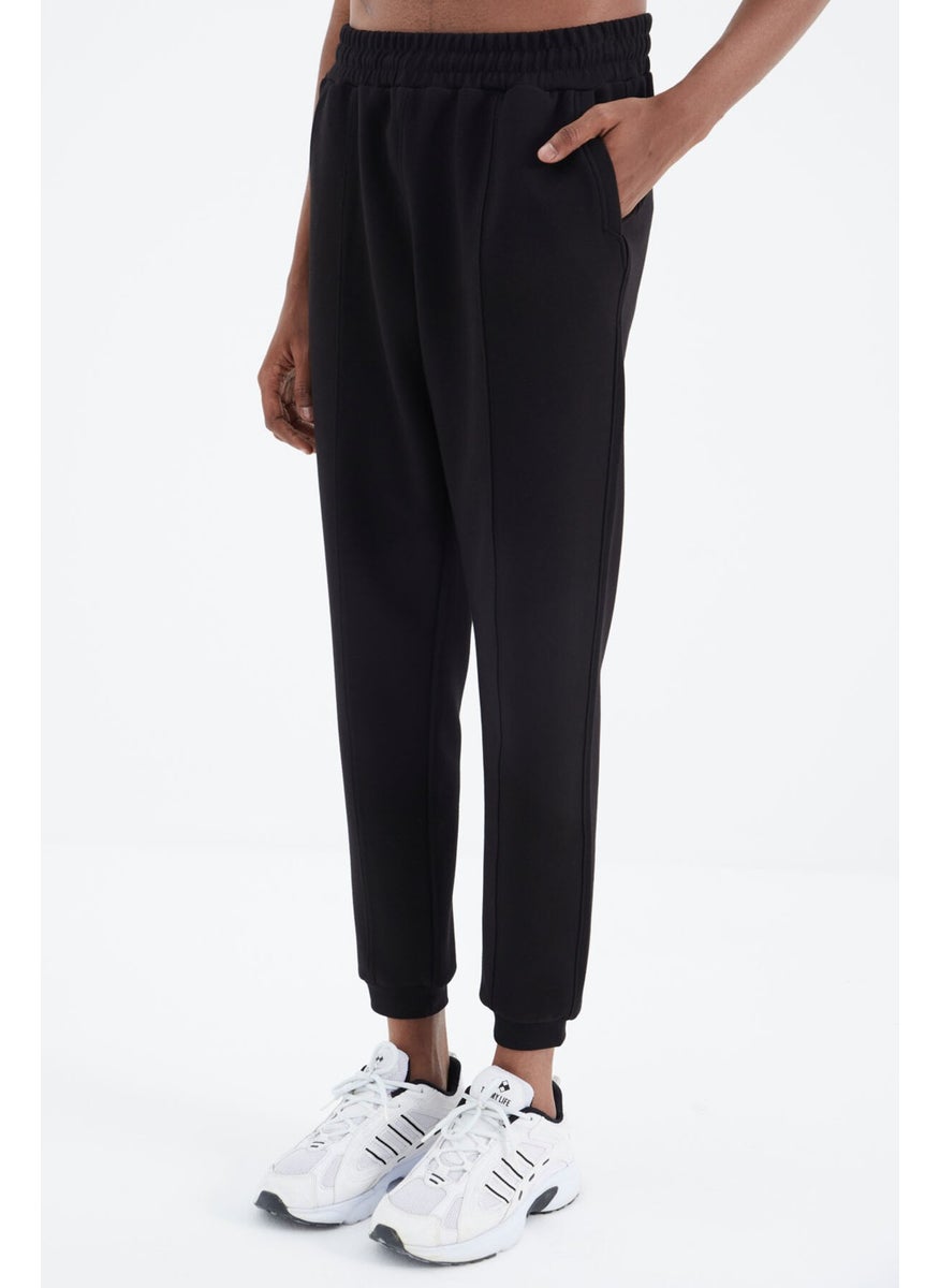 Black Laced Front Stitch Detailed Standard Pattern Men's Tracksuit Bottom - 84994
