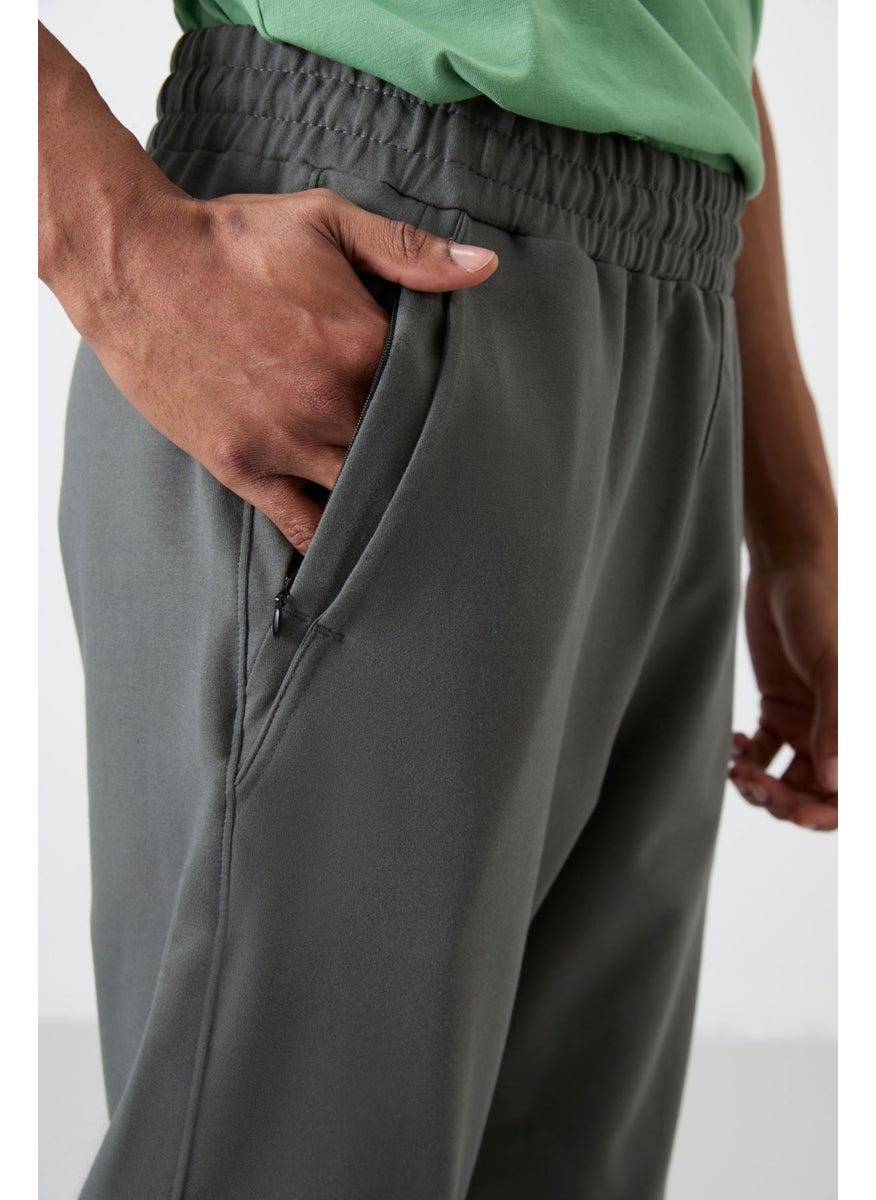 Khaki Cotton Soft Texture Standard Fit Embroidered Men's Tracksuit Bottom - 82133