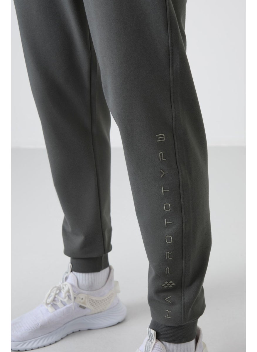 Khaki Cotton Soft Texture Standard Fit Embroidered Men's Tracksuit Bottom - 82133