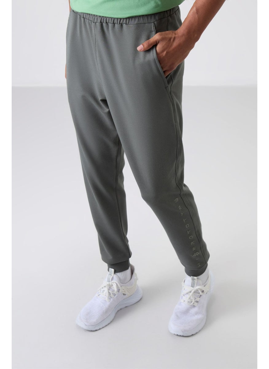 Khaki Cotton Soft Texture Standard Fit Embroidered Men's Tracksuit Bottom - 82133