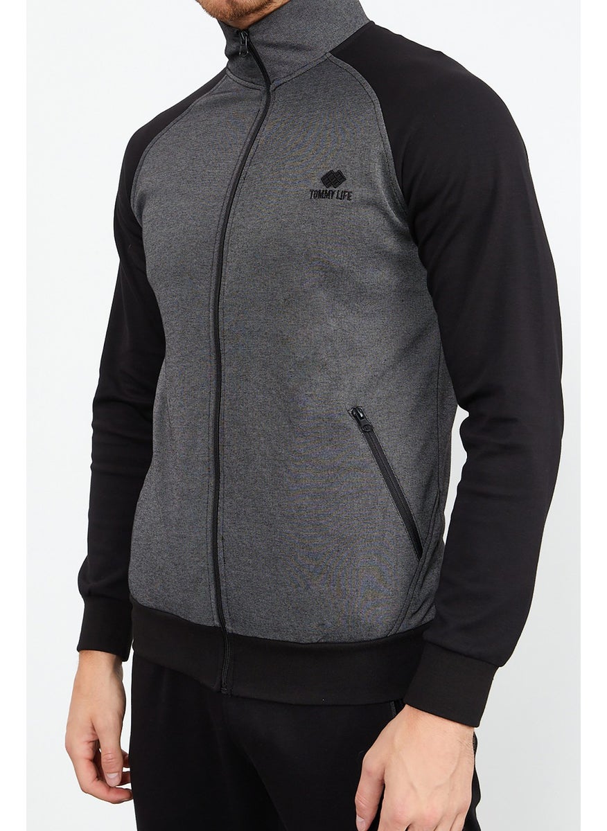 Collared Sleeve Garnished Anthracite-Black Men's Tracksuit