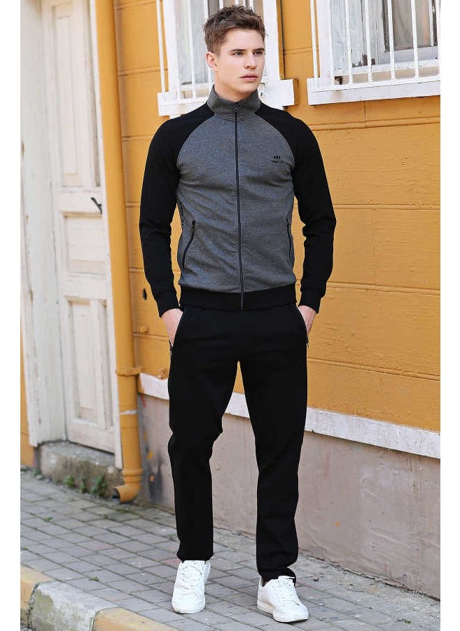 Collared Sleeve Garnished Anthracite-Black Men's Tracksuit
