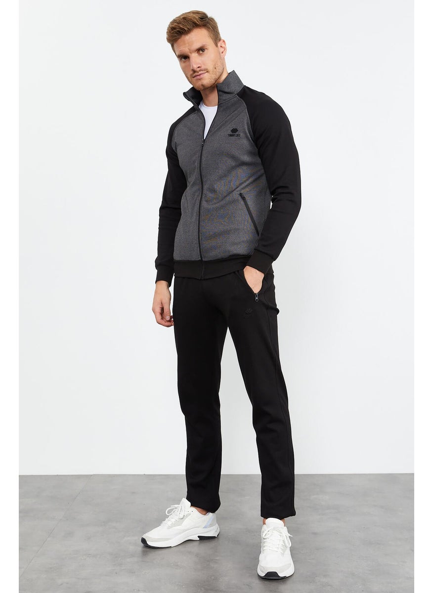 Collared Sleeve Garnished Anthracite-Black Men's Tracksuit