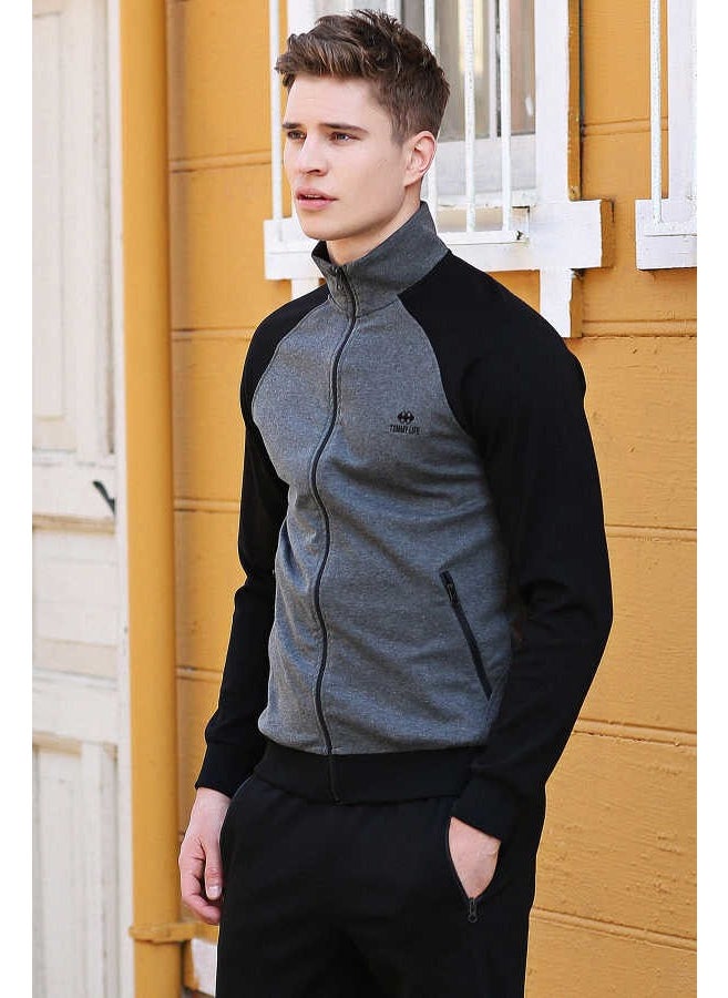 Collared Sleeve Garnished Anthracite-Black Men's Tracksuit