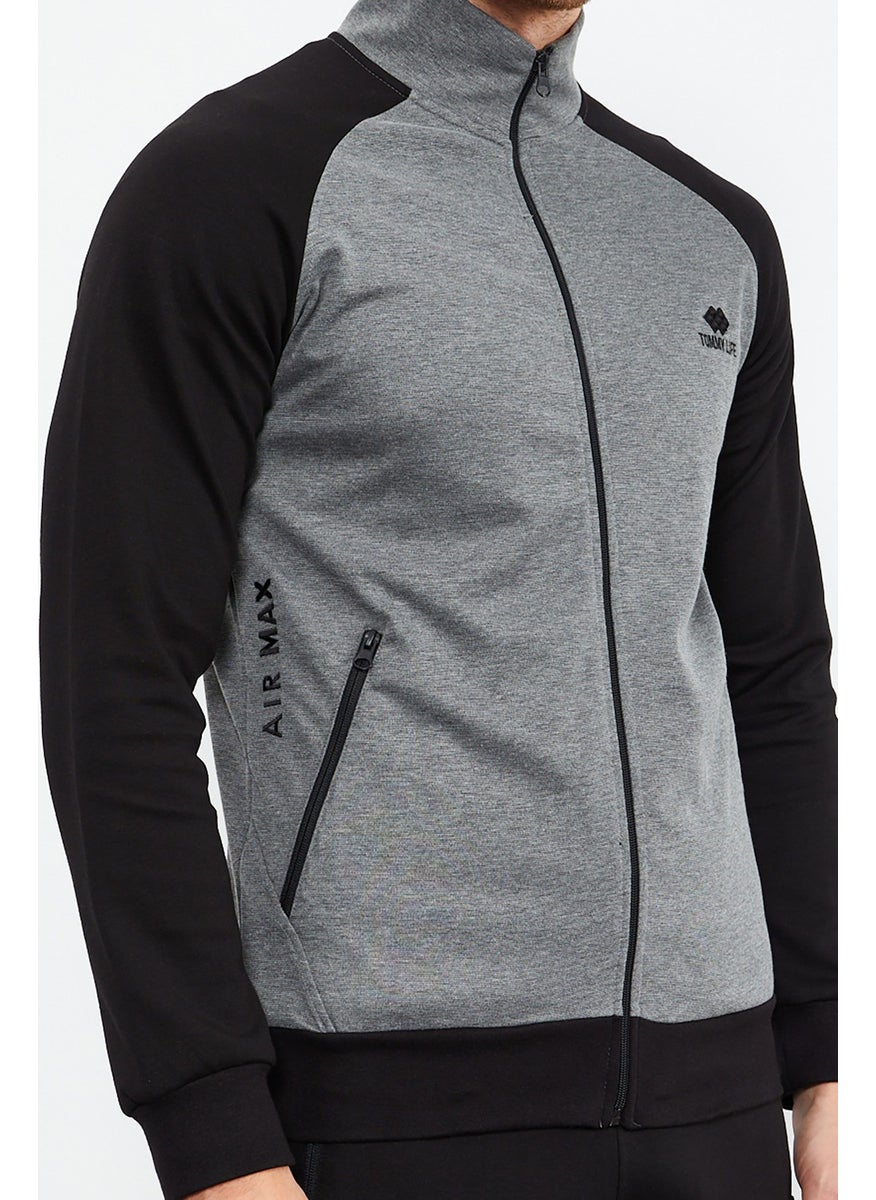 Gray Melange-Black Men's Stand Collar Double Color Slim Fit Classic Leg Tracksuit-85113
