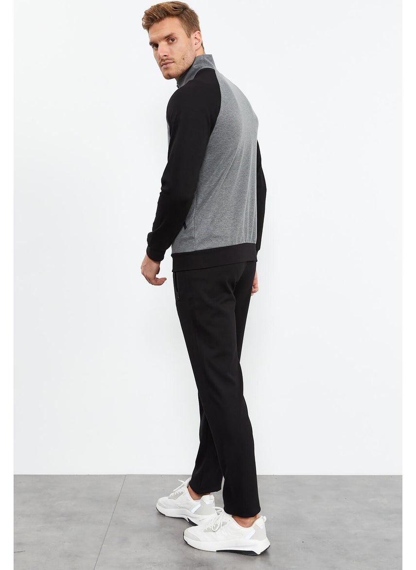 Gray Melange-Black Men's Stand Collar Double Color Slim Fit Classic Leg Tracksuit-85113