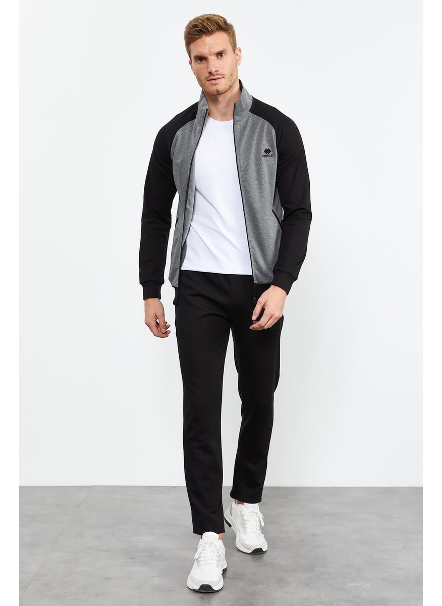 Gray Melange-Black Men's Stand Collar Double Color Slim Fit Classic Leg Tracksuit-85113