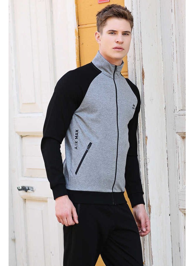 Gray Melange-Black Men's Stand Collar Double Color Slim Fit Classic Leg Tracksuit-85113
