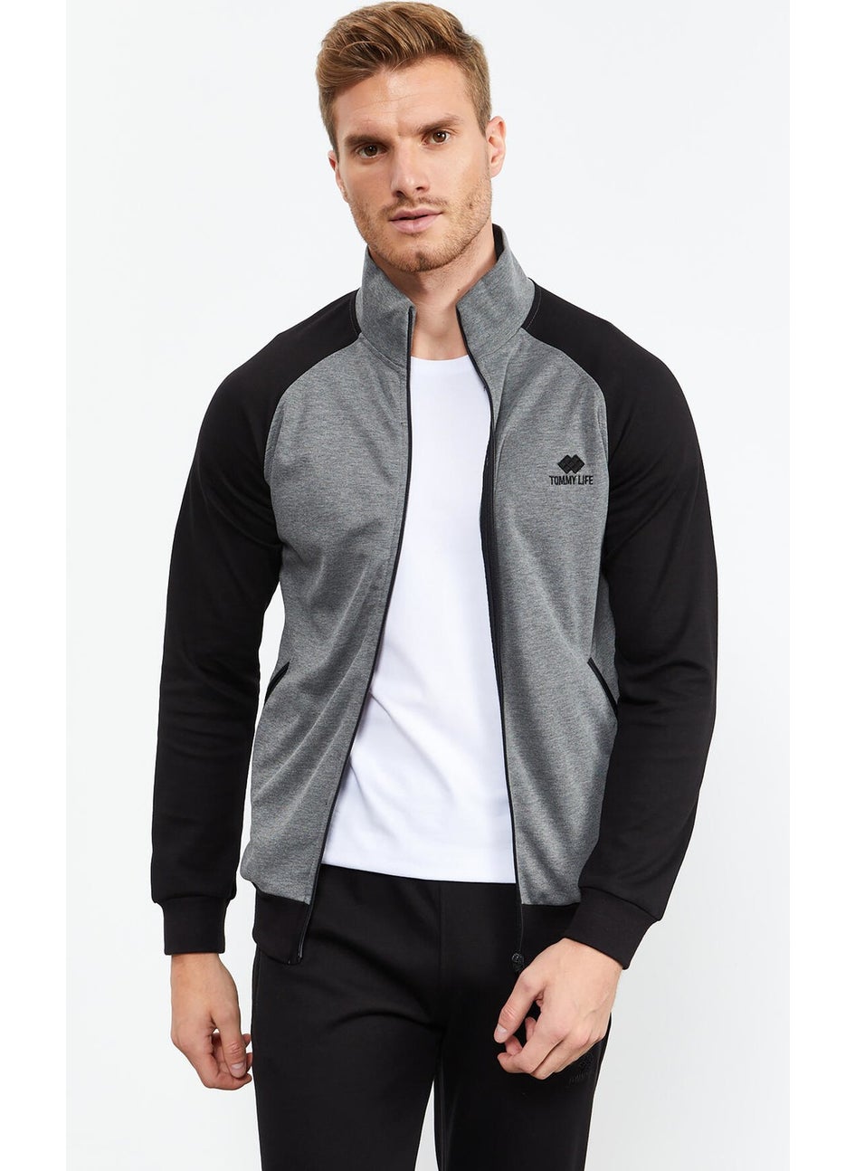 Gray Melange-Black Men's Stand Collar Double Color Slim Fit Classic Leg Tracksuit-85113