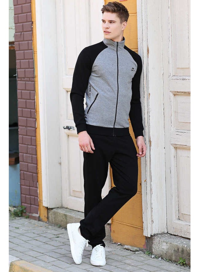 Gray Melange-Black Men's Stand Collar Double Color Slim Fit Classic Leg Tracksuit-85113