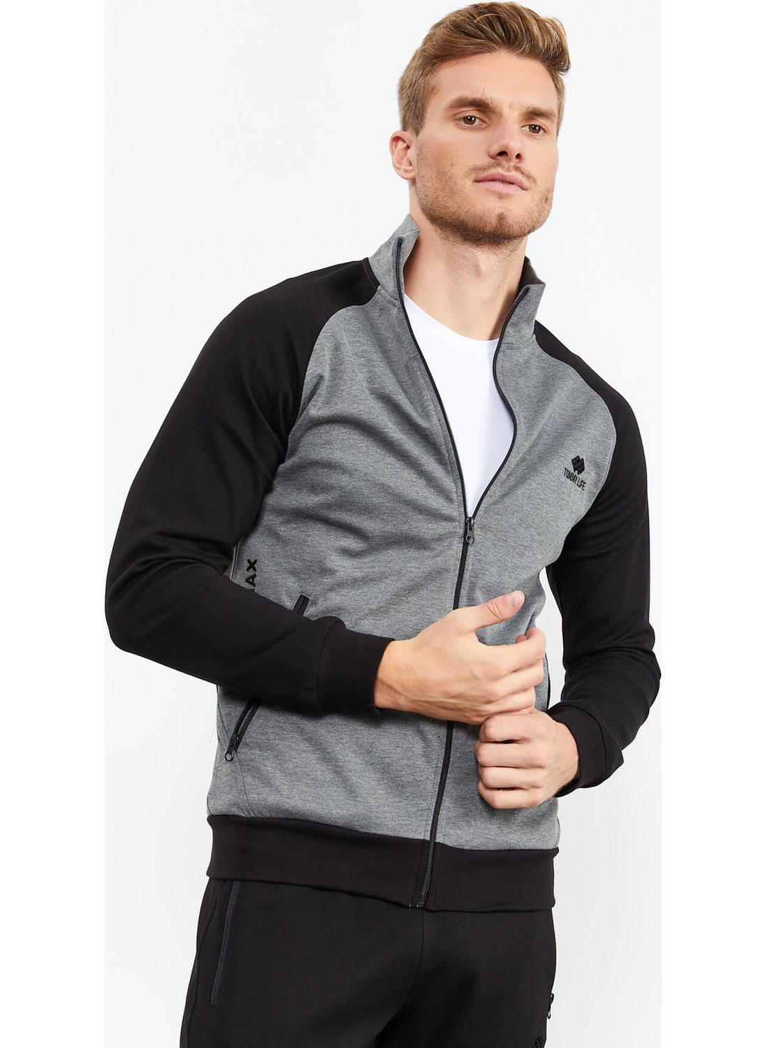 Gray Melange-Black Men's Stand Collar Double Color Slim Fit Classic Leg Tracksuit-85113