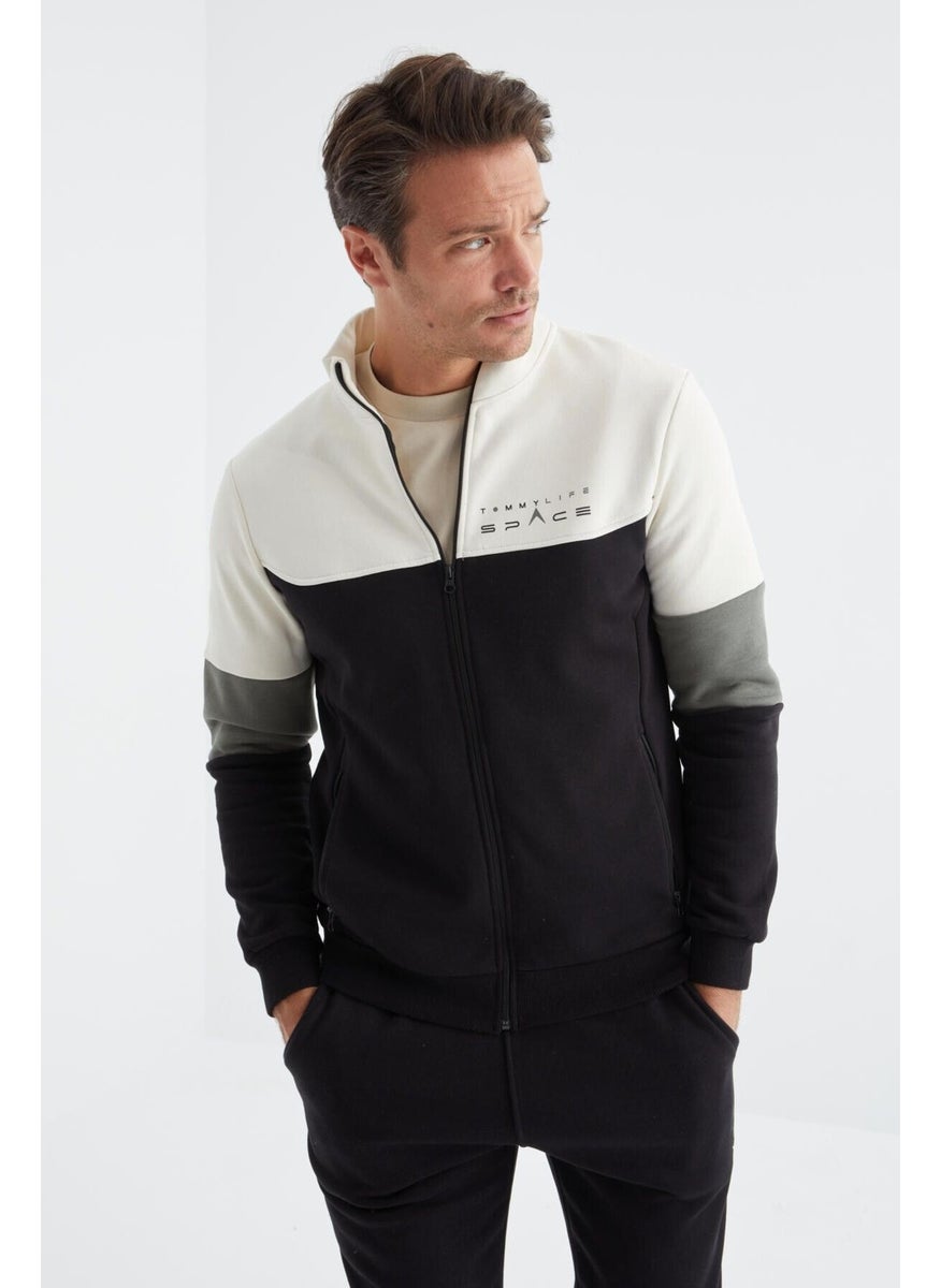 Black Stand Collar Color Transitional Print Detailed Standard Pattern Men's Tracksuit - 85186