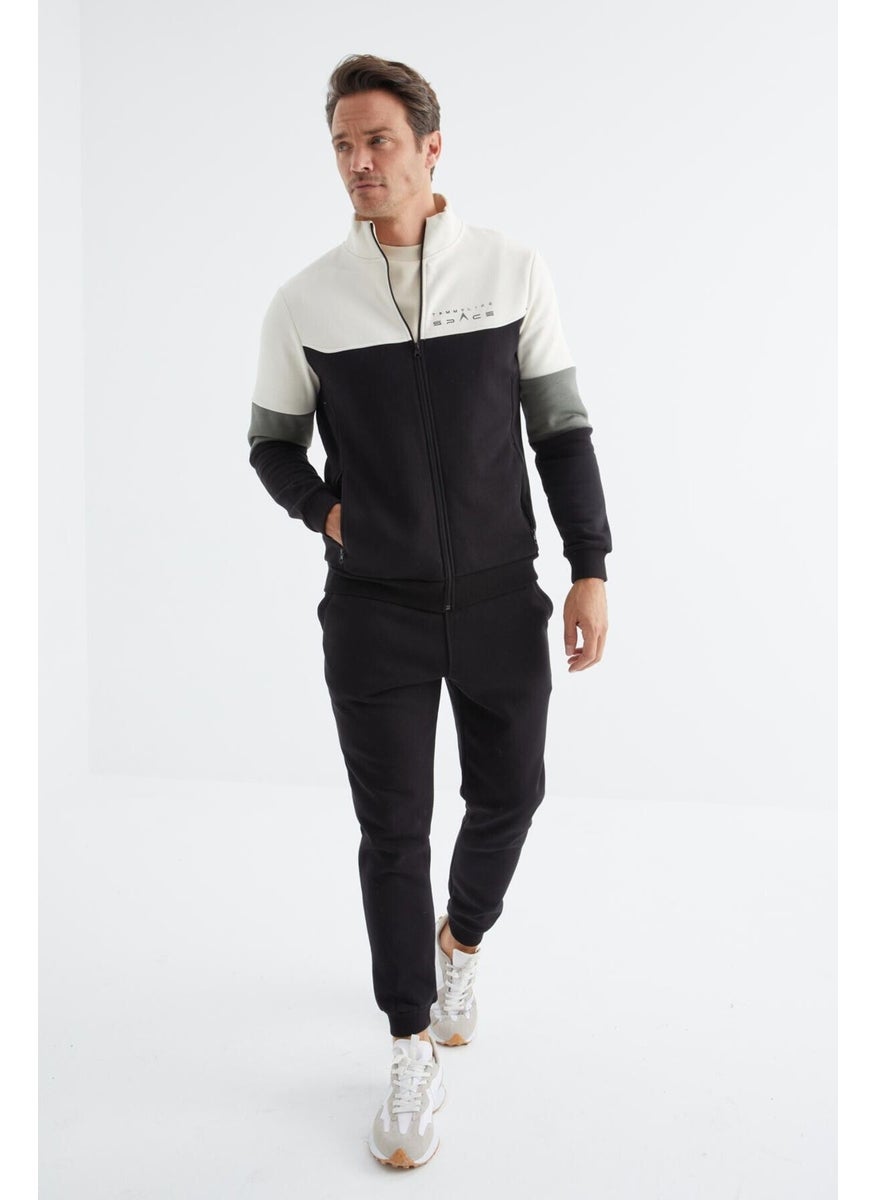 Black Stand Collar Color Transitional Print Detailed Standard Pattern Men's Tracksuit - 85186