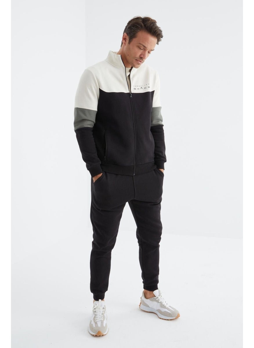 Black Stand Collar Color Transitional Print Detailed Standard Pattern Men's Tracksuit - 85186