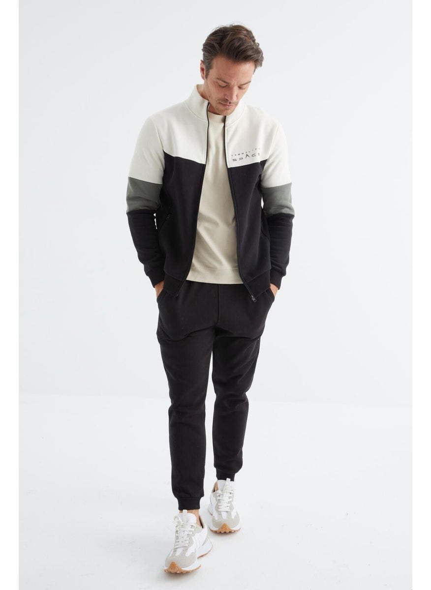 Black Stand Collar Color Transitional Print Detailed Standard Pattern Men's Tracksuit - 85186
