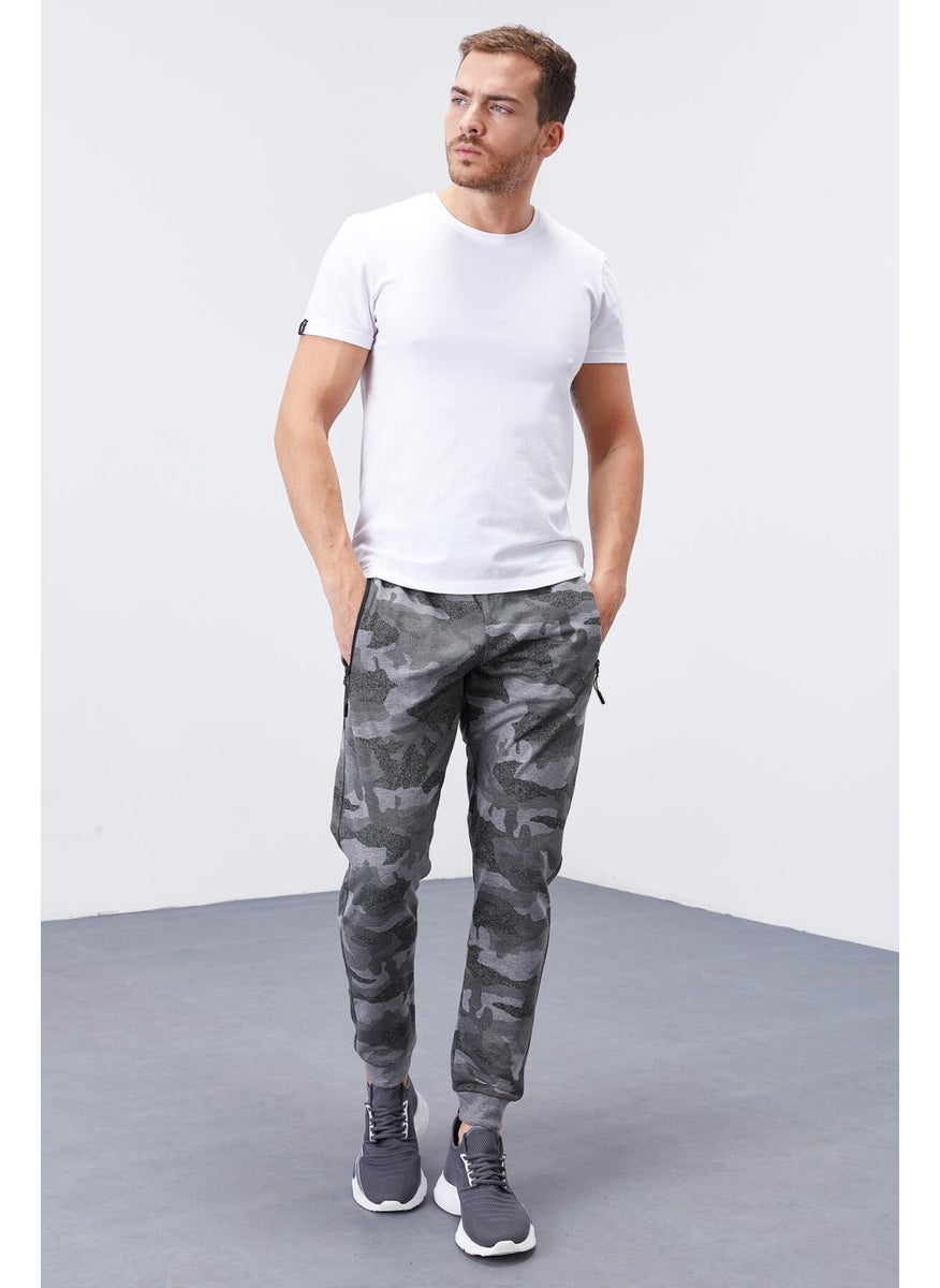 Gray Melange Men's Camouflage Patterned Slim Cut Jogger Tracksuit Bottom-84754