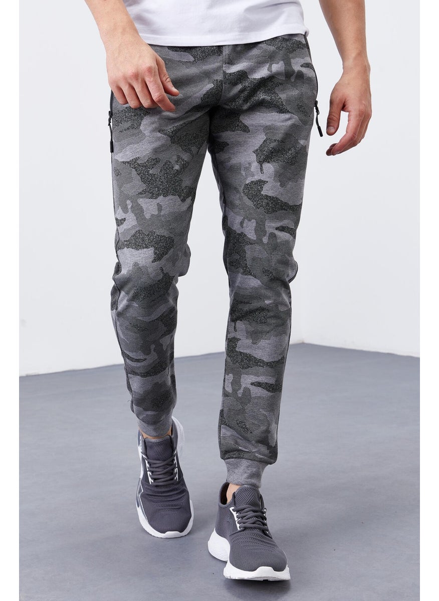 Gray Melange Men's Camouflage Patterned Slim Cut Jogger Tracksuit Bottom-84754