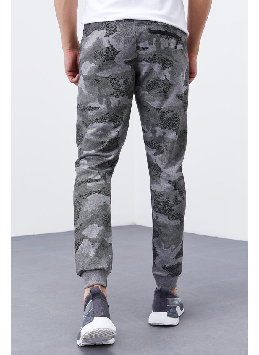 Gray Melange Men's Camouflage Patterned Slim Cut Jogger Tracksuit Bottom-84754