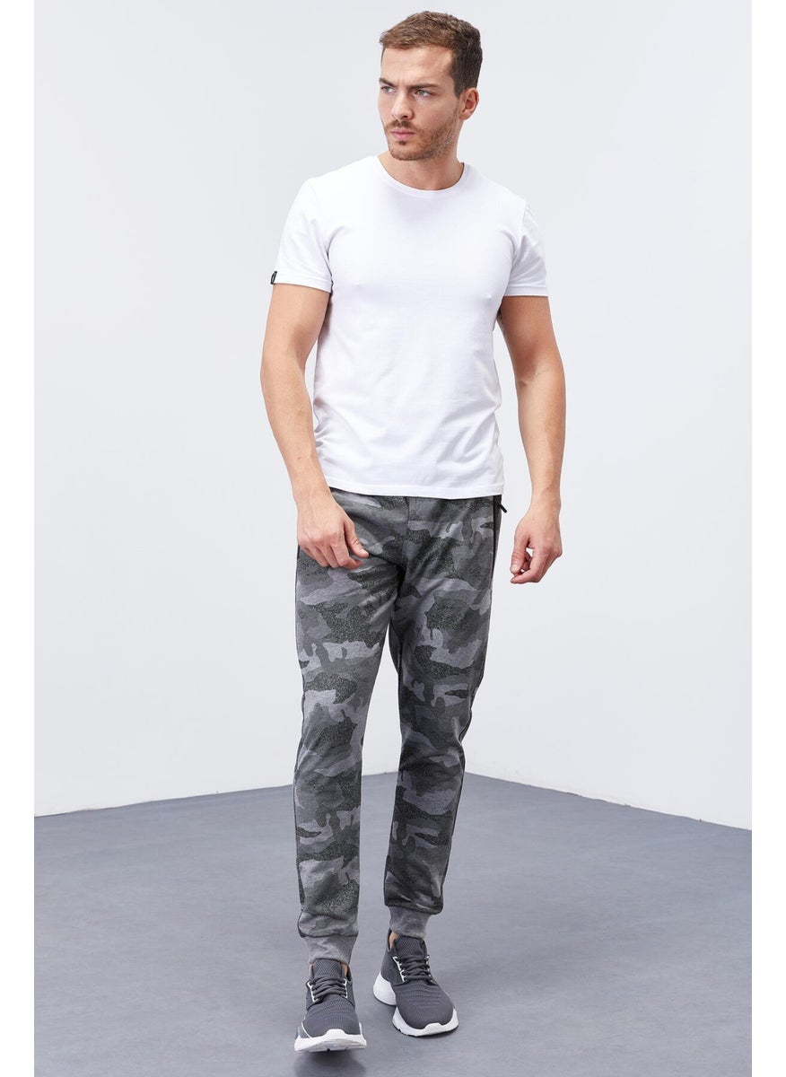 Gray Melange Men's Camouflage Patterned Slim Cut Jogger Tracksuit Bottom-84754